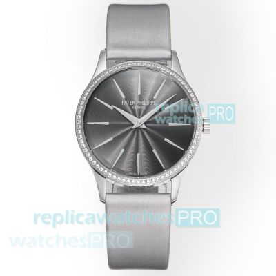 Swiss Clone Patek Philippe Calatrava Grey Face Diamond Ladies Watch 35mm